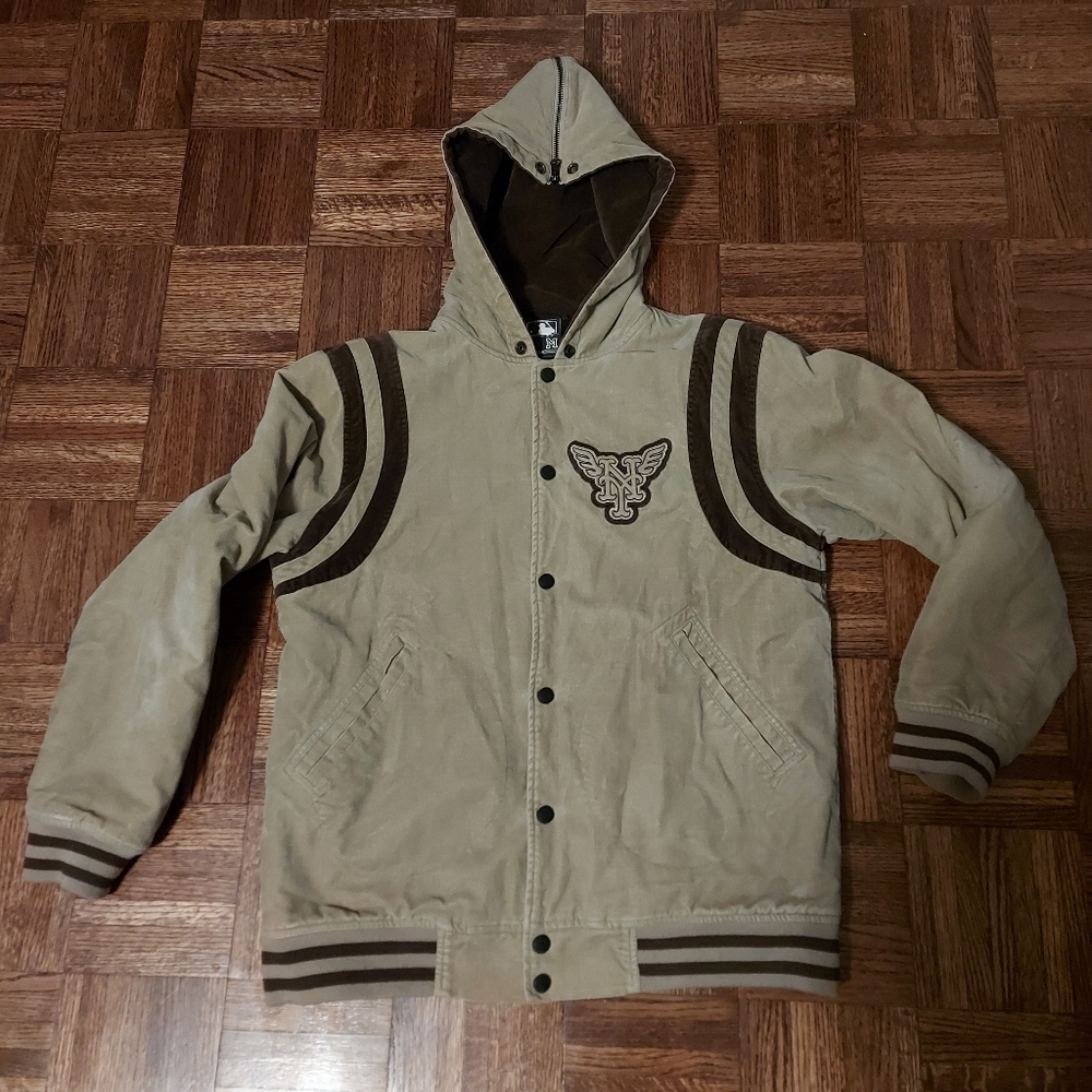 New York Mets  Men's Medium Brown/Tan Bomber Jacket With‎ Hood.